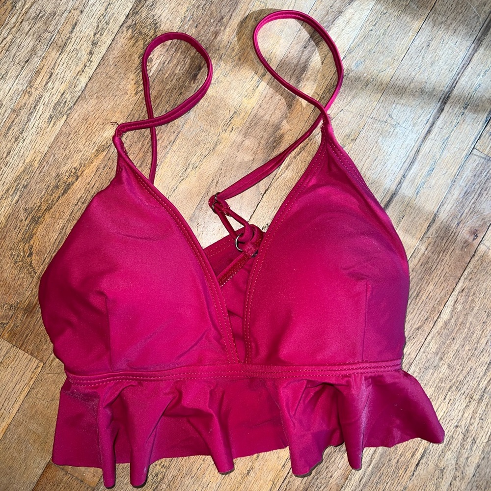Burgundy ruffled bikini top